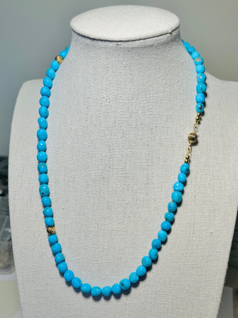 14k Gold Genuine Sleeping Beauty Turquoise 17.5 Inch Necklace